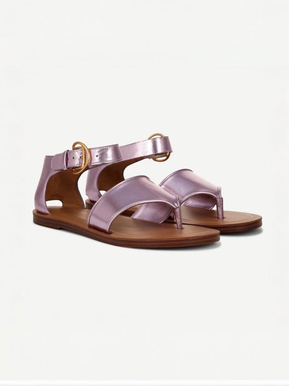 Franco Sarto Ruth Flat Sandals Ankle Strap Vegan Leather Metallic Pink 9 NEW